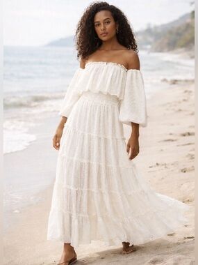 NWT MISA White Off Shoulder Maxi Dress Tiered Boho Romantic Cottagecore Size XS